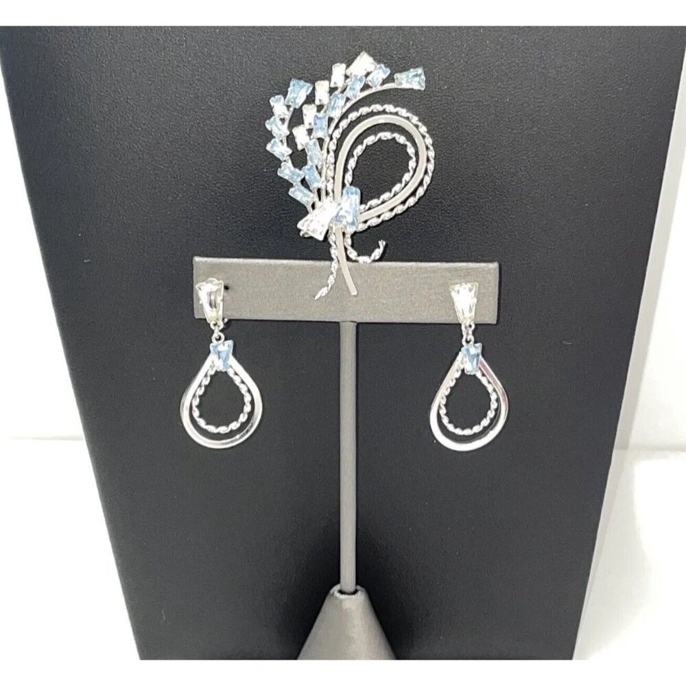 STAR - ART STERLING Silver 925‎ Blue Clear Rhinestone Brooch & Earrings SET B8